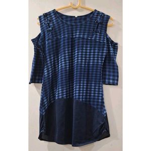 Blue Checkered Cold Shoulder Top