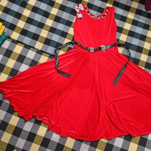 Vibrant Red Party Dress with Embellished Neckline