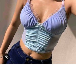 Cute Blue Lace Trim Cami mesh top👍