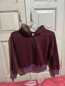 Maroon Faux Fur Trimmed Hoodie