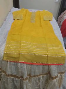 Elegant Yellow Kurta with Cream Skirt