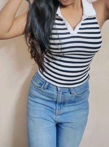 Striped Sleeveless Polo Top