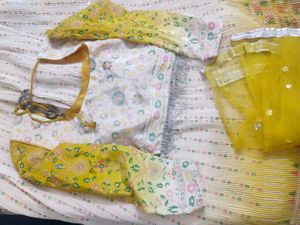 Yellow &amp; White Embroidered Lehenga Set