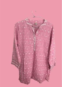 Pink Print Kurta With Mirror Work