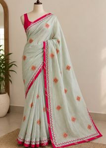 Sage Green with red Embroidered Saree