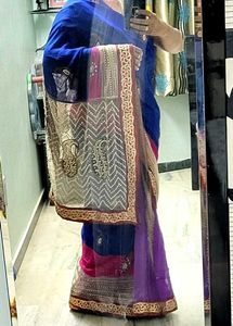 Beautiful Saree Blue Pink White Moti Work
