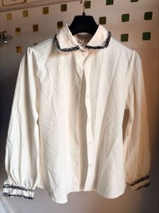 Cream korean top with Embellished Collar &amp; Cuffs