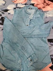 Blue Denim Cold Shoulder Shirt