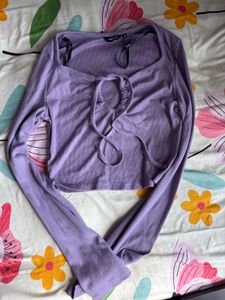 NUON Cute Lavender Ribbed Tie-Front Top