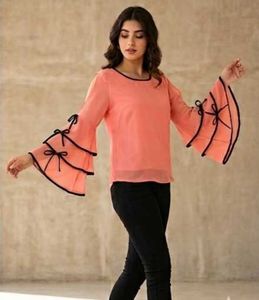 Peach Cold-Shoulder Top with Tiered Bell Sleeves