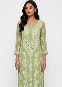 Elegant Green Chikankari Kurta with Mirror Work