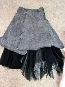 Edgy Distressed Denim &amp; Tulle Skirt