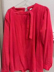Chic Red Pleated Tie-Neck Blouse