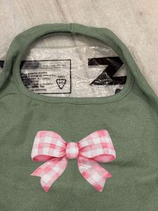 Cute Green Tank Top with Pink Bow