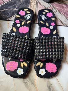 Black Floral Beaded Slides