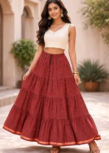 Elegant Maroon Printed Tiered Long Skirt