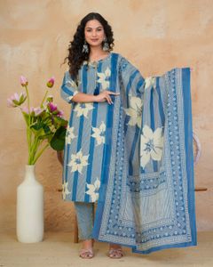 Blue Floral Striped Kurta Set