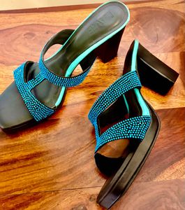 Sparkling Blue Embellished Block Heels