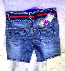 Blue Denim Shorts with Red Stripe Waistband
