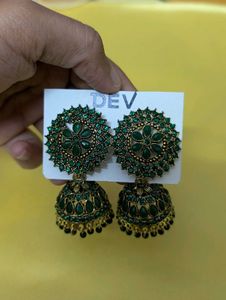 Emerald Green Jhumka Earrings | Antique Gold