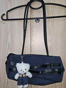 Denim Shoulder Bag with Teddy Charm