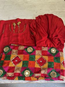 Vibrant Red Ethnic Patiala   Suit with Phulkari Du
