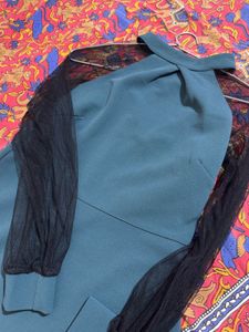 Elegant Teal Mesh Sleeve Dress