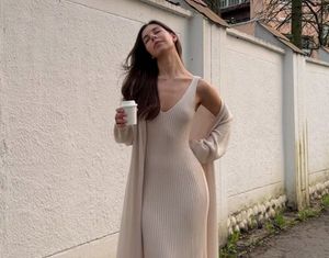 Beige Ribbed Midi Dress