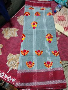 Elegant Grey &amp; Red Embroidered Cotton Saree