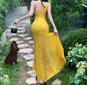 Newme Elegant Yellow Draped Maxi Dress