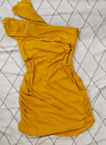 Mustard One-Shoulder Ruched Dress