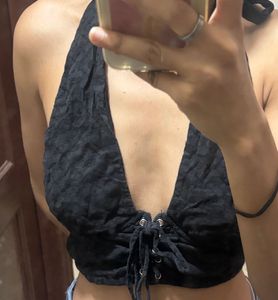 Black Halter Neck Lace-Up Crop Top