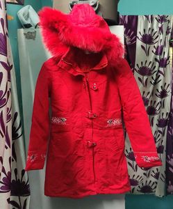 Red Faux Fur Detachable Hooded Jacket