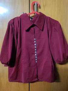 Maroon Puff Sleeve Buttoned Top