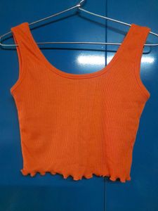 Orange Crop Tank Top With U Notch Neck Lettuce Hem
