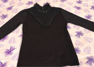 Elegant Black Blouse with Beaded Neckline