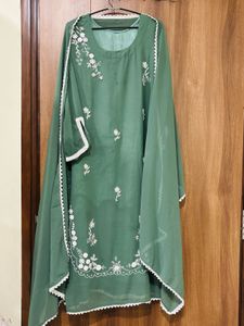 Green Kurta Set with White Pants &amp; Dupatta