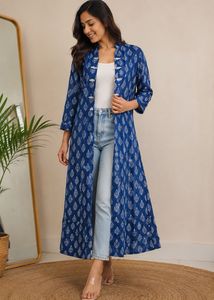 Blue Ethnic Print Long Kurta Shrug