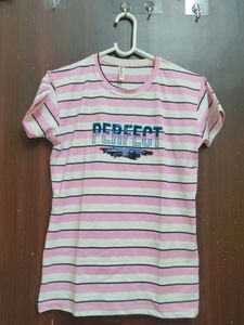 Striped Pink T-Shirt with "Perfect" Graphic