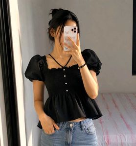 Chic Black Smocked Puff Sleeve Top