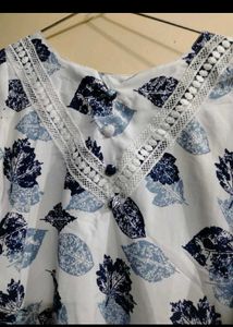 White Blue Leaf Print Kurta