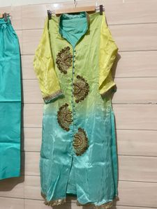 Zari work Elegant Teal &amp; Lime Kurta Set with banar
