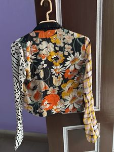 Unique Patchwork Floral Print Tie-Front Top