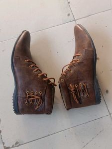 Brown Faux Leather Lace-Up Boots
