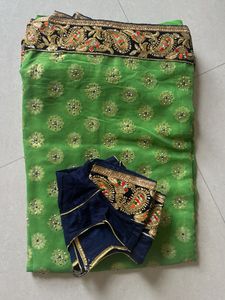 Green &amp; Navy Embellished Sari with Blouse