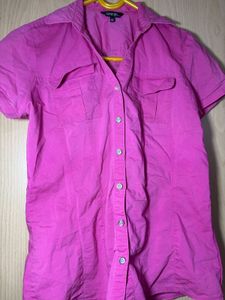 Vibrant Pink Short-Sleeve Button-Up Top
