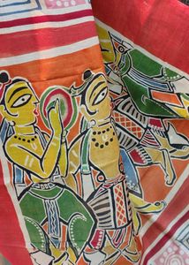 Brand New Cream &amp; Red Hand-Painted Saree