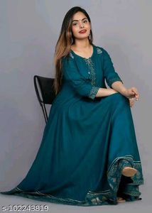 Teal Anarkali Kurta with Golden Print-XXL