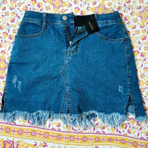 Blue Denim Fringed Mini Skirt