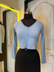 Light Blue Ribbed Cropped Cardigan
